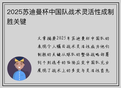 2025苏迪曼杯中国队战术灵活性成制胜关键
